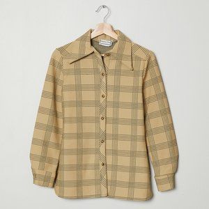 Vtg 70s Tan Plaid Shirt S